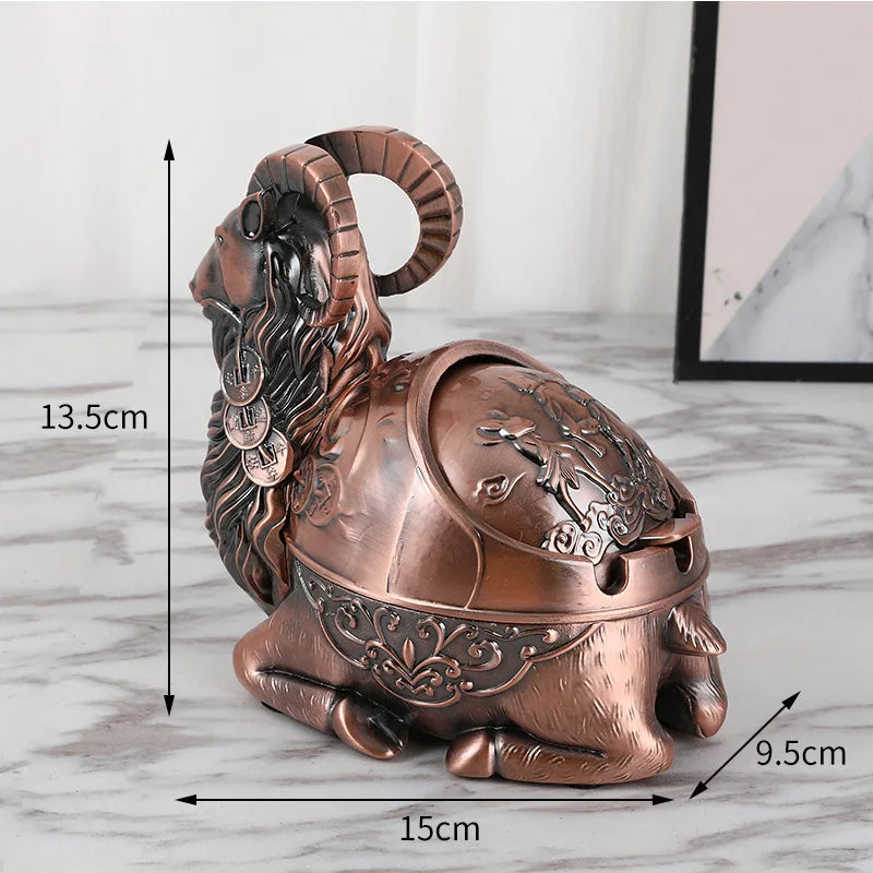 Imperial Bronze Ram Ashtray – Oriental Coin Motif Decorative Sculpture