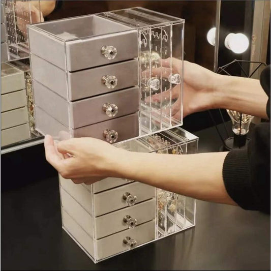 Acrylic Jewelry Organizer Box with Drawers and Earring Holder – Clear Storage Case for Rings, Watches & Accessories