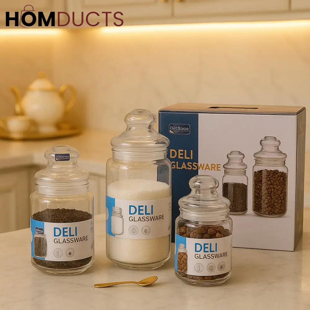 3-Piece DELISOGA Glass Jar Set – Airtight Storage for Tea, Coffee, Sugar (400ml, 430ml, 725ml)