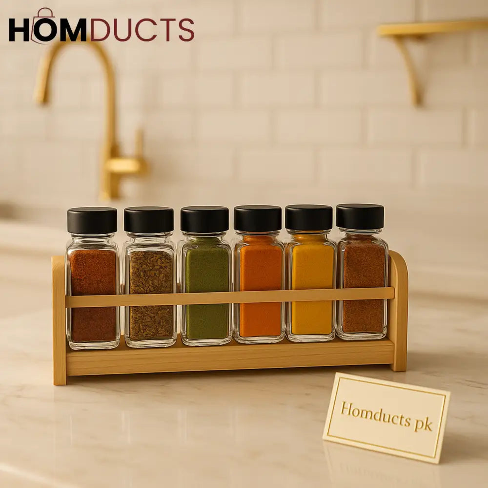 6-Piece Square Glass Spice Jar Set with Black Lids & Wooden Rack – Airtight Seasoning Containers for Kitchen Storage