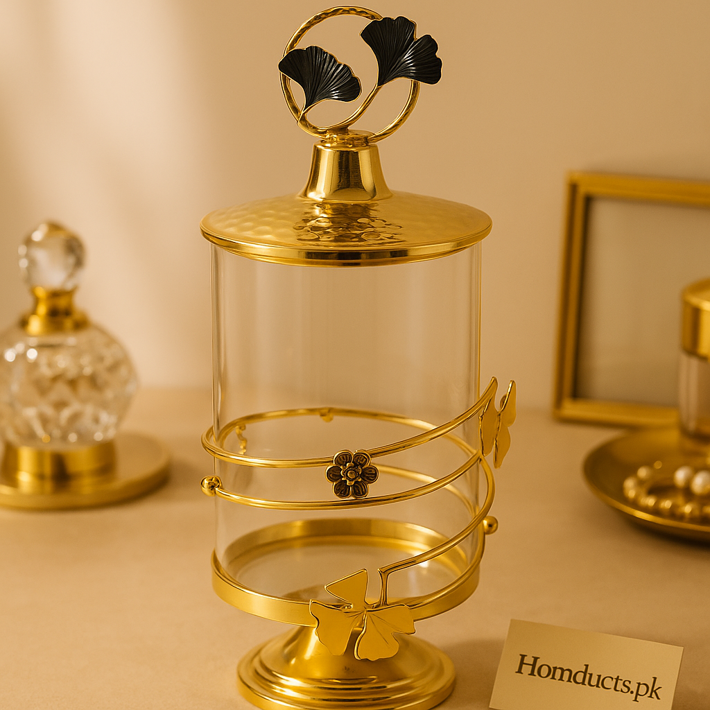 Luxury Golden Ginkgo Glass Storage Jar – Elegant Decorative Container with Floral Metal Wrap