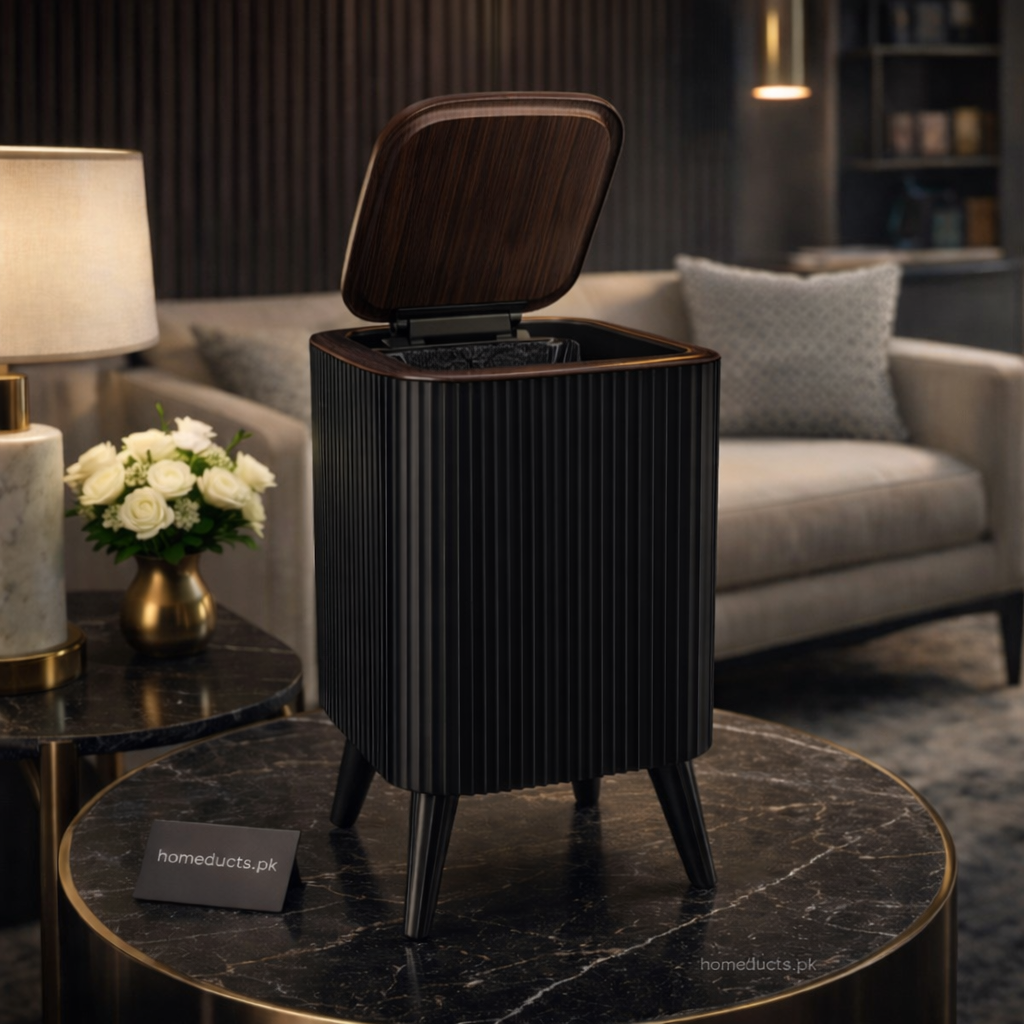 Modern Nordic Fluted Dustbin with Wooden Flip Lid & Elevated Legs
