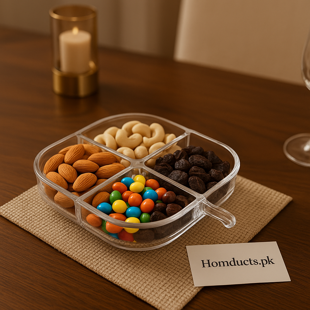 4-Grid Transparent Snack & Sauce Serving Tray – Premium Plastic Compartments for Dry Fruits, Sauces & Snacks