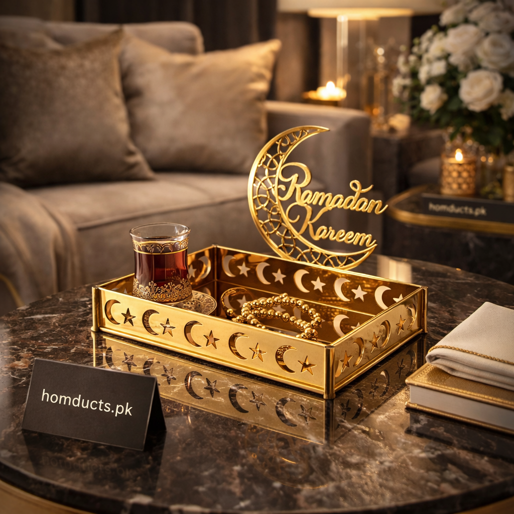 Luxury Ramadan Kareem Crescent Serving Tray & Islamic Table Centerpiece