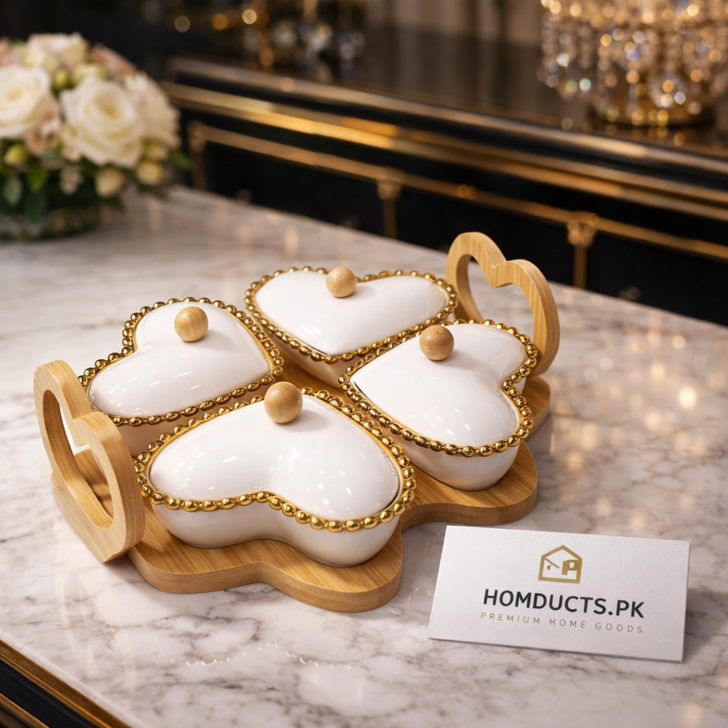 Luxury Heart-Shaped Ceramic Snack & Dry Fruit Serving Set with Bamboo Tray – 4 Pcs | Homducts.pk