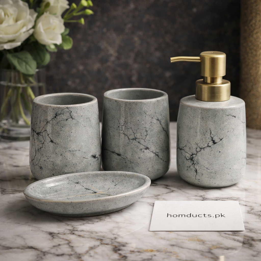 Luxury Marble-Effect Ceramic Bathroom Accessories Set (4-Piece) – Premium Grey | Homducts.pk
