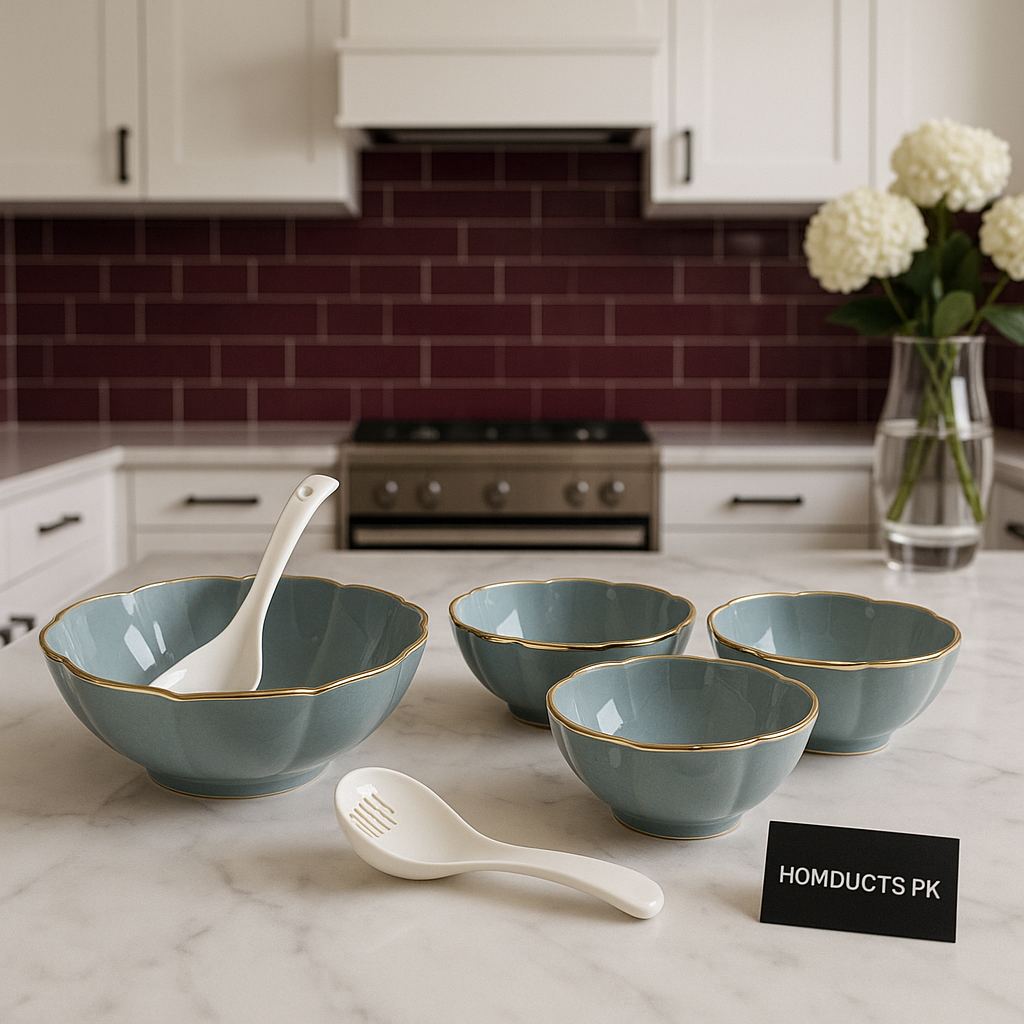 Premium 14-Piece Ceramic Soup Set – Luxury Blue with Golden Rim