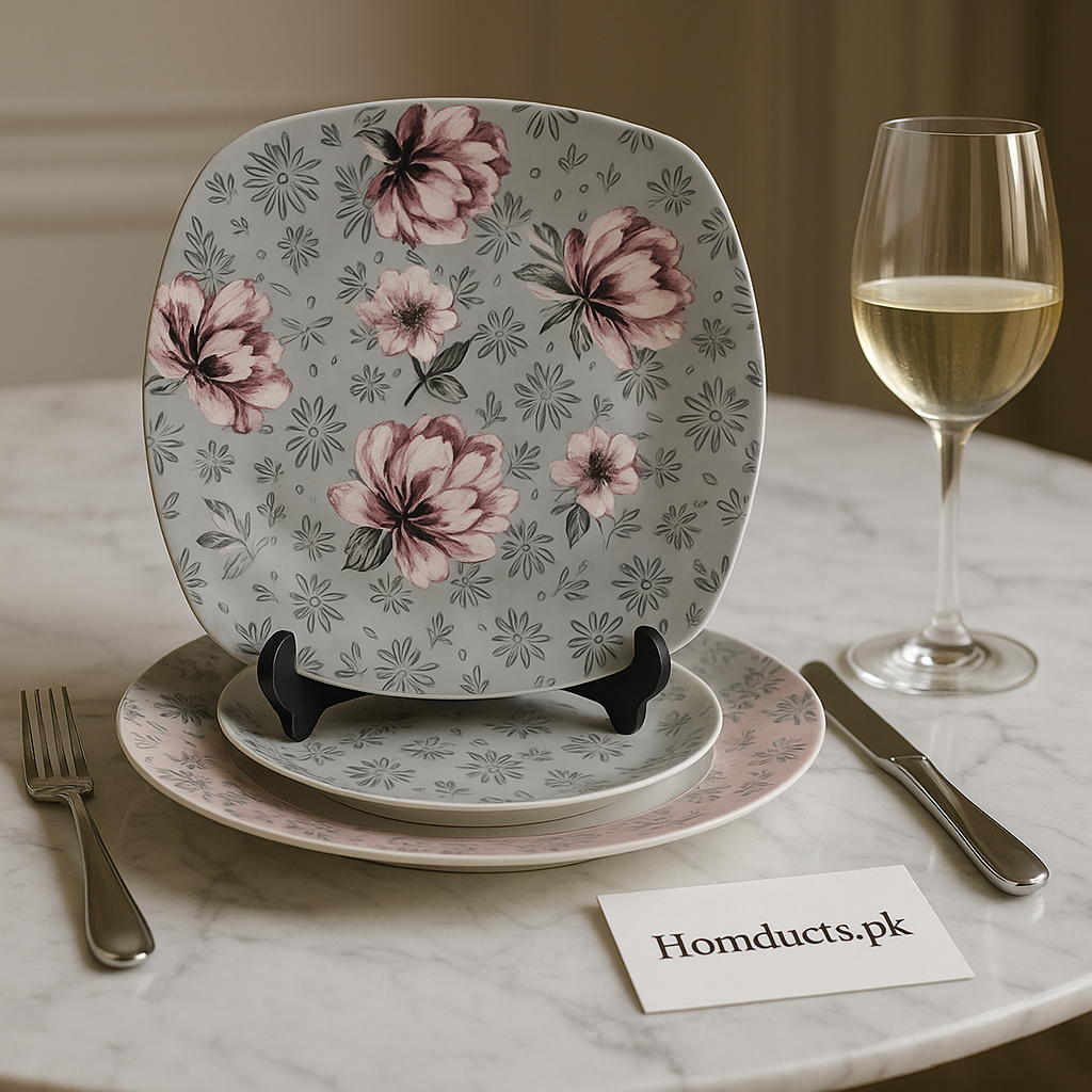 Luxury Floral 18pcs Dinner Set – Elegant Grey & Pink Tableware Collection