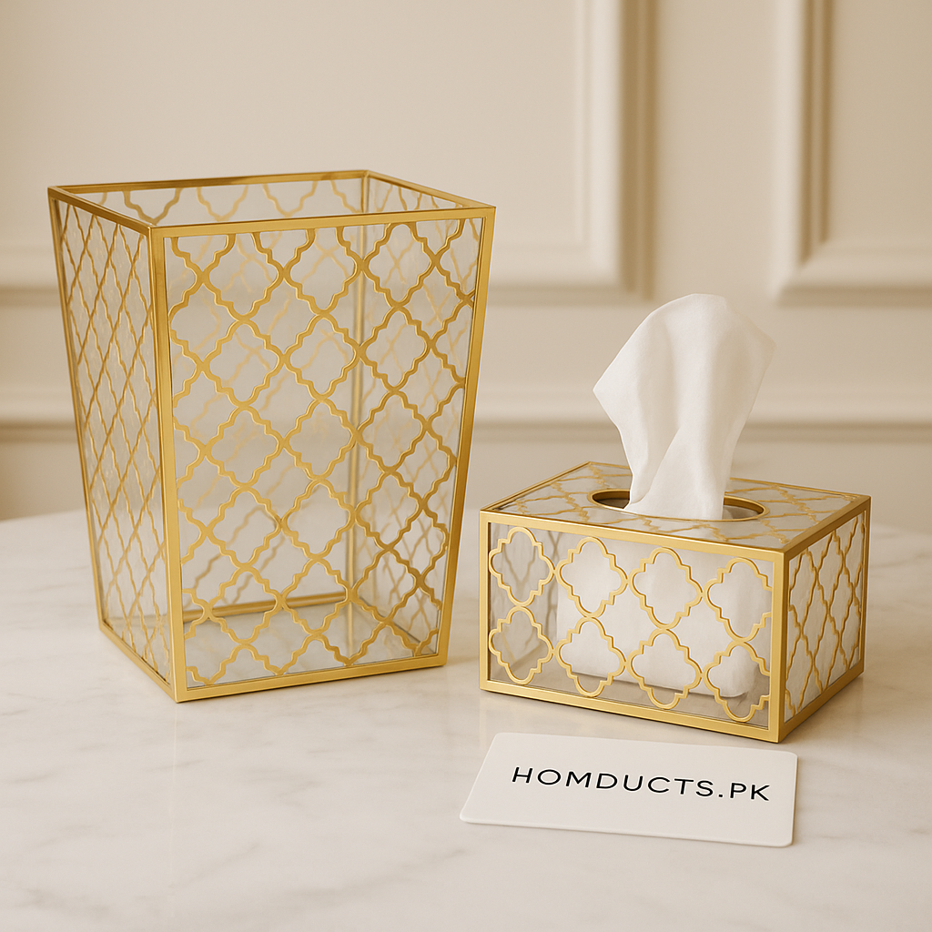 Luxury Acrylic Dustbin & Tissue Box Set – Gold Lattice Design