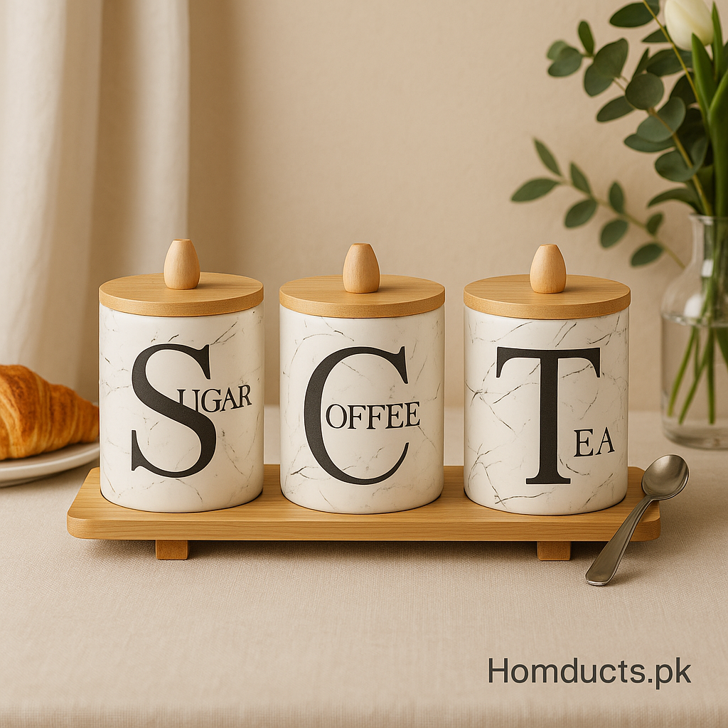 Luxury Marble Ceramic Tea Coffee Sugar Jar Set with Wooden Lids & Tray – 3 Pcs
