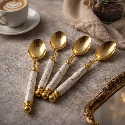 Luxury Gold Marble Handle Spoon Set – 4PCS Premium Dessert & Tea Cutlery