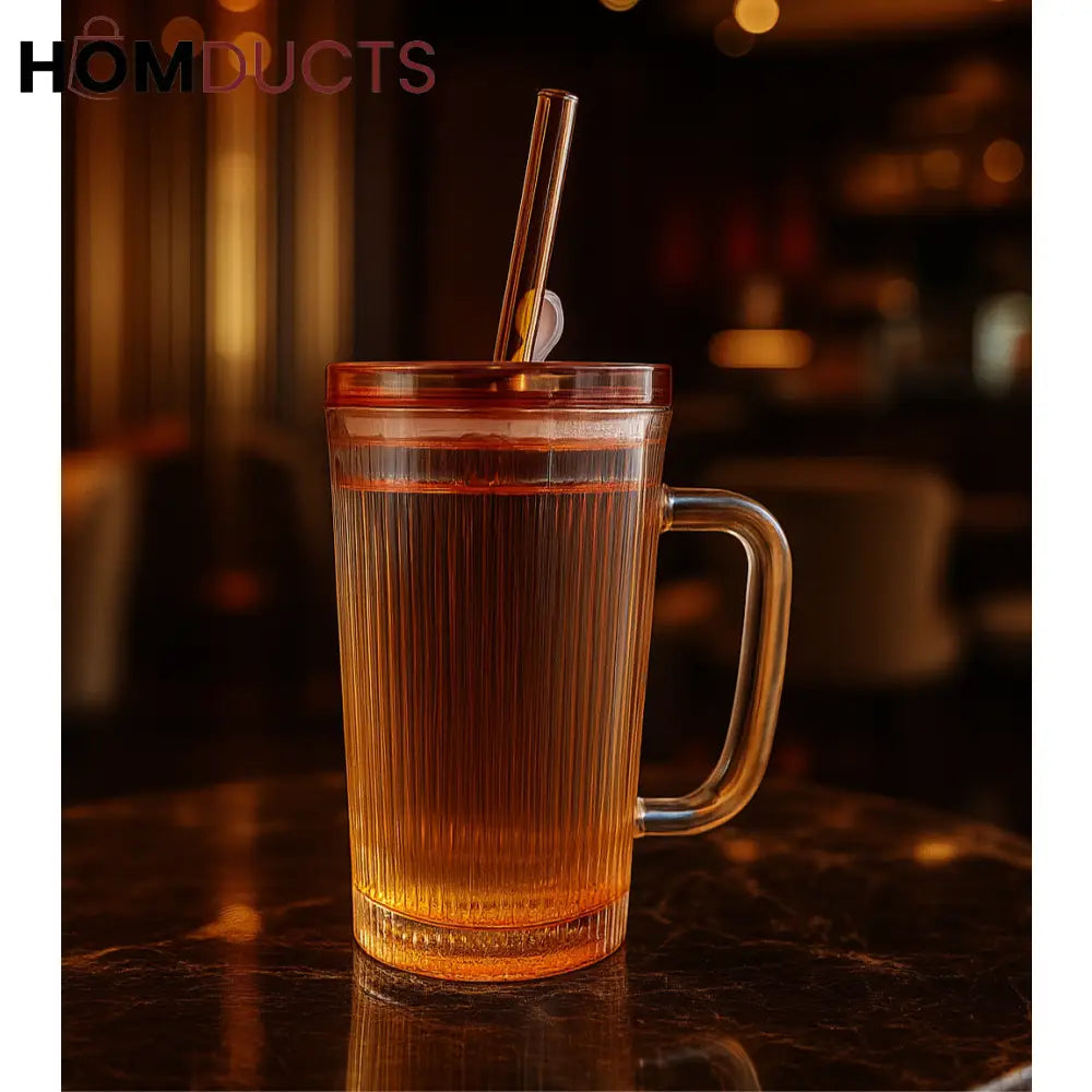 Amber Ribbed Glass Tumbler with Lid & Straw – 500ml | Stylish Iced Coffee & Juice Mug