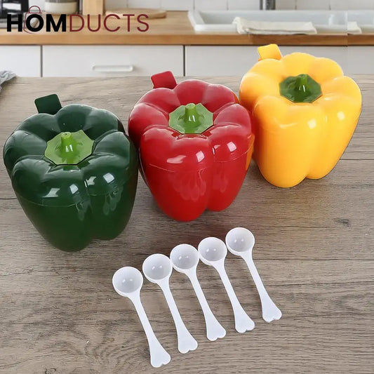 Bell Pepper Shaped Storage Containers with Spoons – Colorful Kitchen Spice & Snack Jars Set