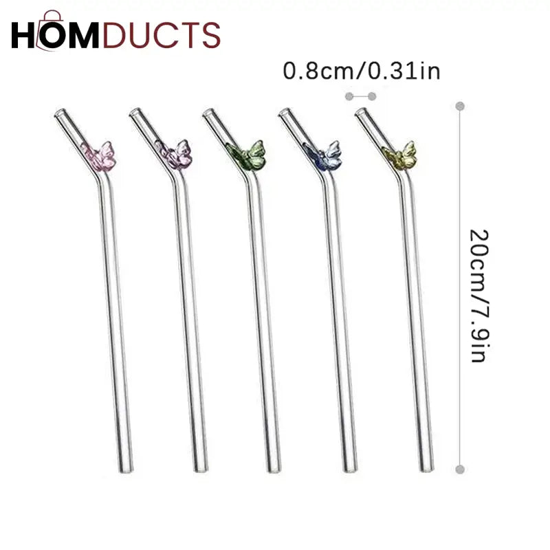 Butterfly Charm Glass Straw Set – 6Pcs Reusable Straws with Cleaner