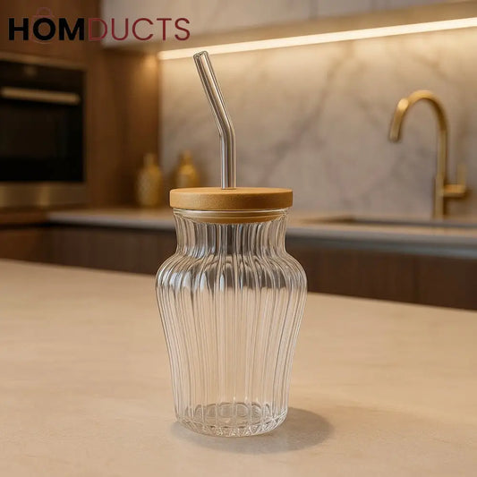 Eco-Friendly 450ml Ribbed & Plain Glass Tumbler with Bamboo Lid & Straw