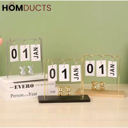 Elegant Gold Metal Flip Desk Calendar with Wooden Base and Bear Figurines – Perpetual Desktop Date Display