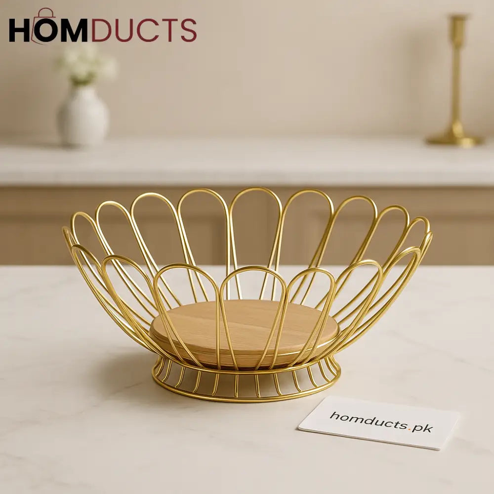 Golden Luxe Wire Fruit Basket with Wooden Base – Premium Decorative Bowl