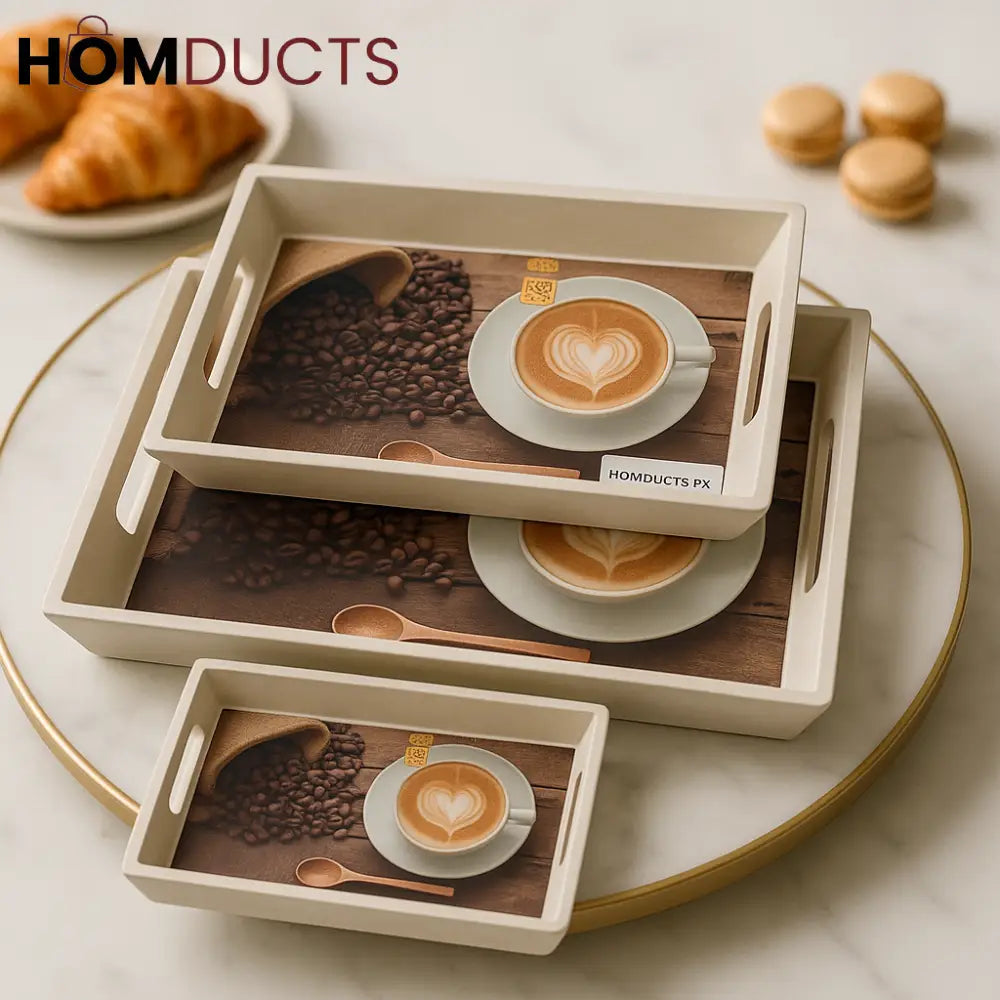 Luxury 3-Piece Coffee-Themed Wooden Serving Tray Set