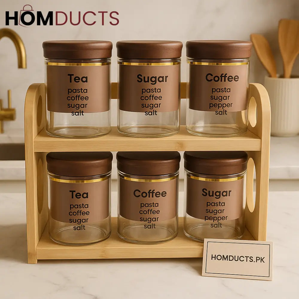 Luxury 6-Piece Glass Storage Jar Set with Wooden Rack – Tea, Coffee, Sugar Organizer