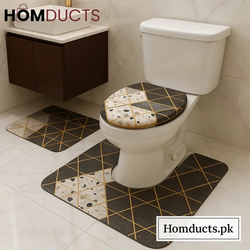 Luxury Geometric Bathroom Mat & Toilet Cover Set – Premium Anti-Slip, Water-Absorbent, 3-Piece Set