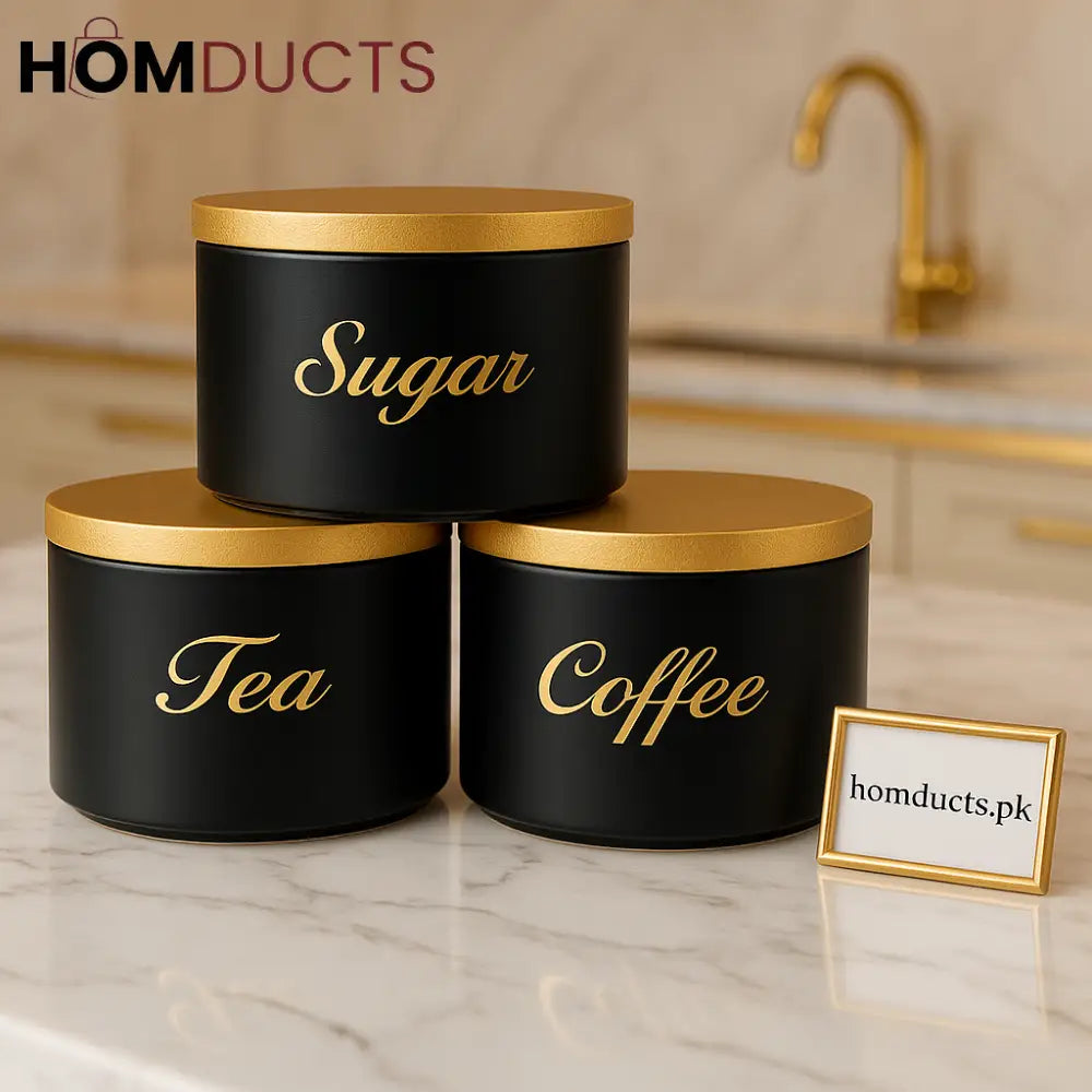 Luxury Matte Black Tea, Coffee & Sugar Storage Jar Set – Wooden Lid & Engraved Labels
