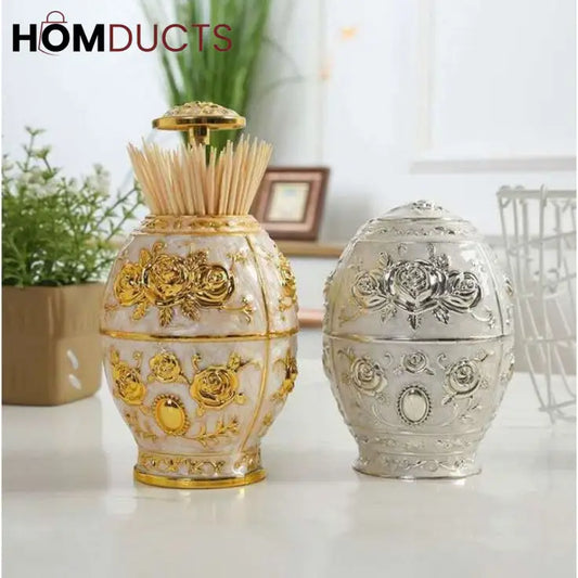 Luxury Toothpick Holder with Lid – Vintage Ornate Pearl & Gold Design for Dining Table Decor
