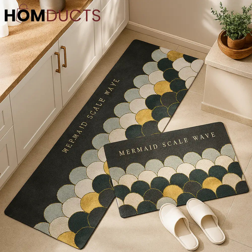 Mermaid Scale Wave Kitchen Mat Set – 2-Piece Anti-Fatigue Rugs in Gold