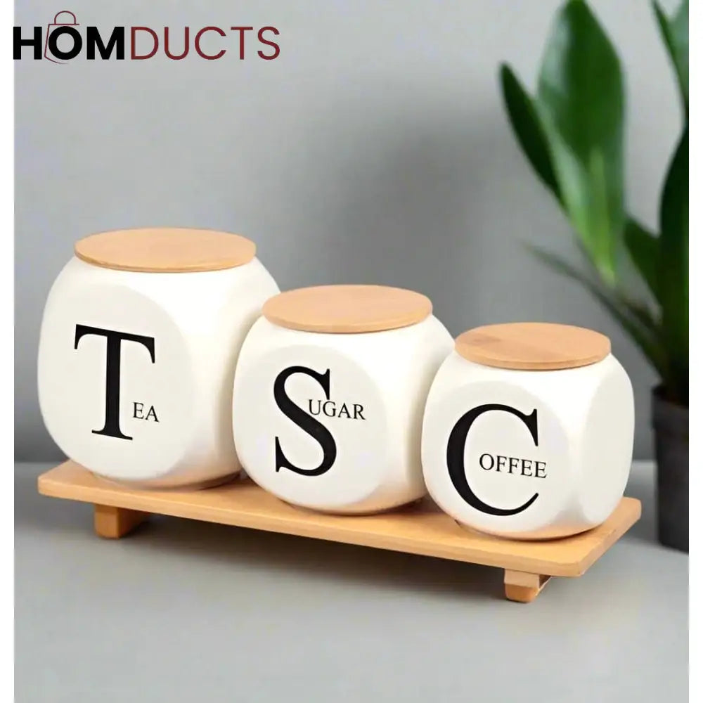 Modern Kitchen Storage - Ceramic Jars with Bamboo Stand for Coffee, Tea, Sugar Supplies
