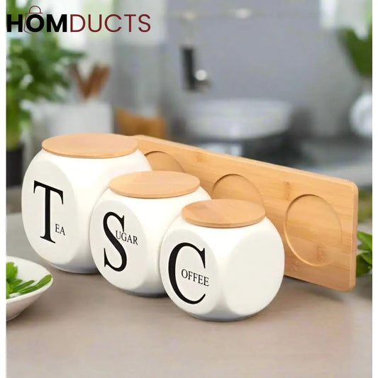 Modern Kitchen Storage - Ceramic Jars with Bamboo Stand for Coffee, Tea, Sugar Supplies