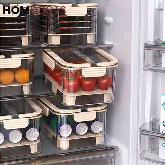 Multi-Layer Airtight Vegetable Storage Container with Drain Tray & Freshness Lock for Fridge and Kitchen