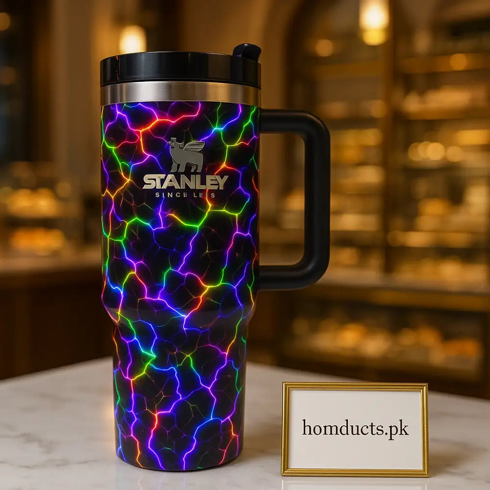 Neon Lightning Stanley-Style Quencher Tumbler – 40oz Insulated Travel Mug with Handle