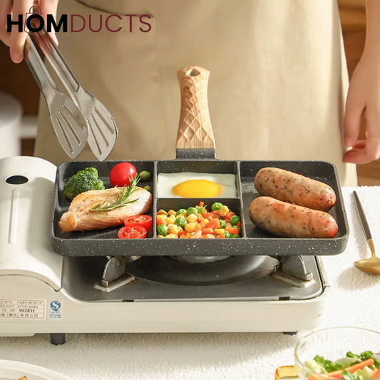 Non-Stick 4 Section Divided Grill Frying Pan – Multi Compartment Skillet for Cooking Meat, Dumplings & Vegetables