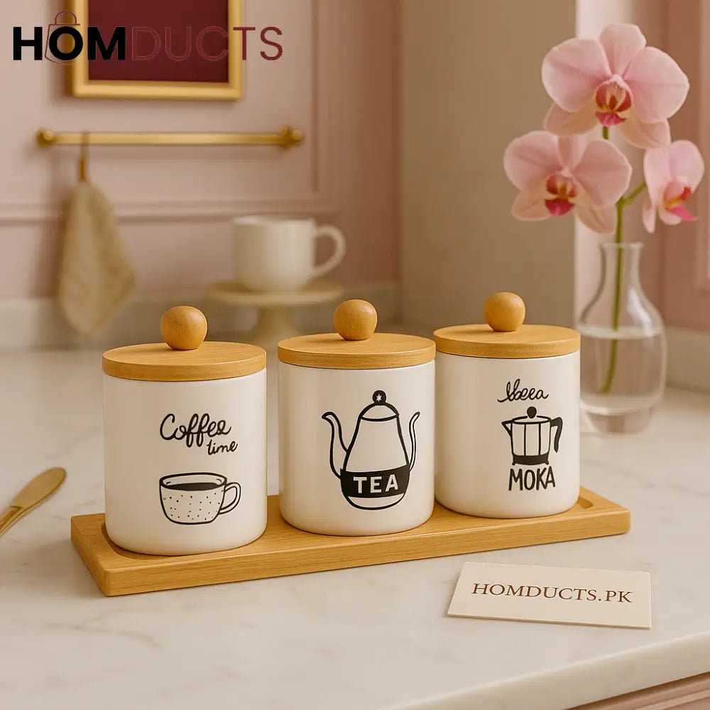 Nordic Ceramic Tea, Coffee & Moka Jar Set with Wooden Lids – 3 Pcs Storage Collection