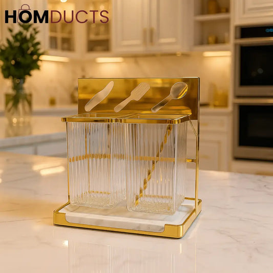 Premium Gold Glass Cutlery Holder Set – Dual Kitchen Utensil Organizer