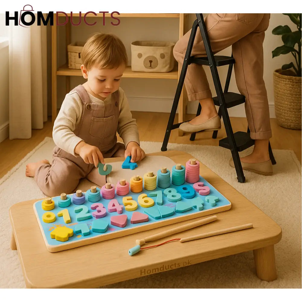 Rainbow Montessori 5-in-1 Wooden Learning Board – Shapes, Numbers & Stacking Rings