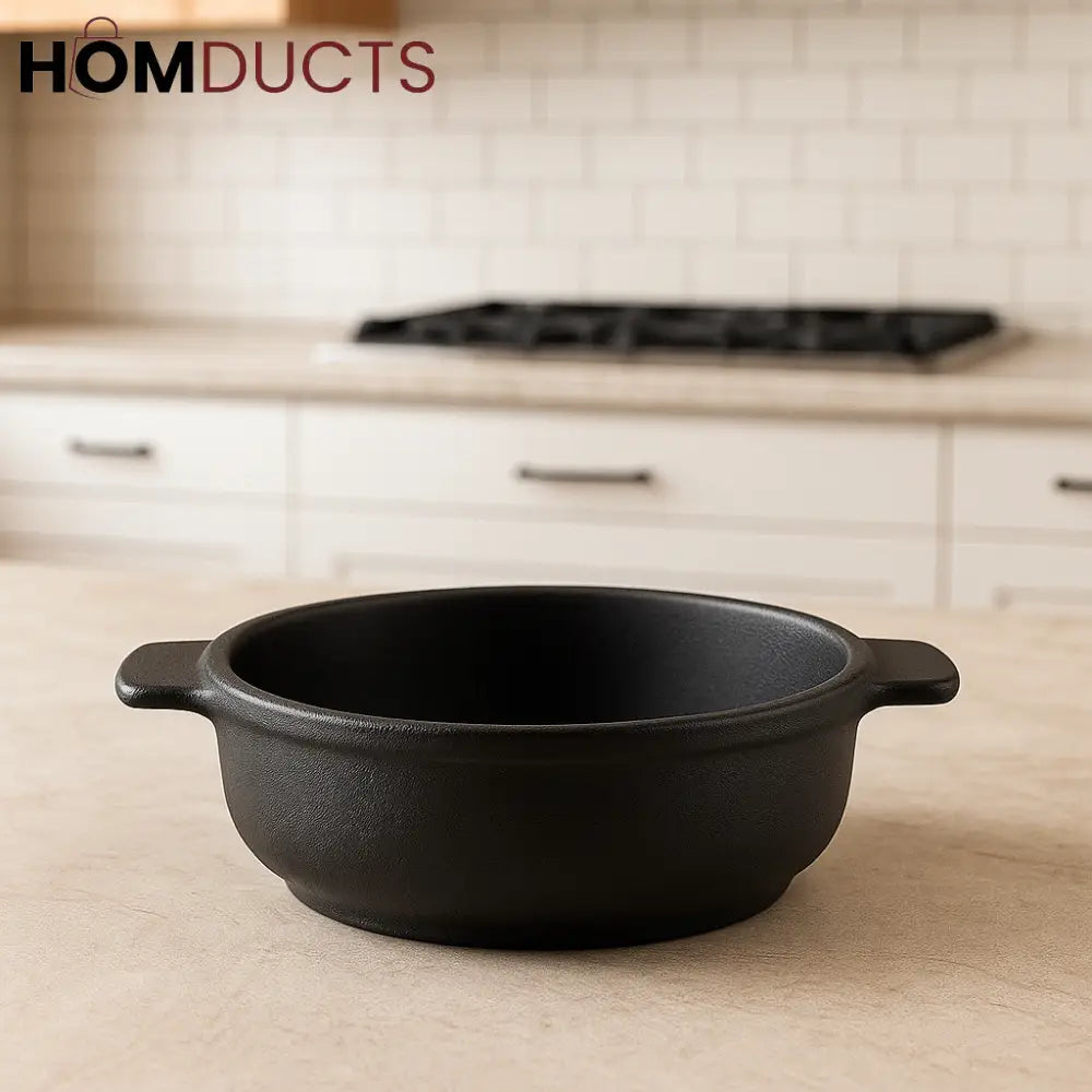 Shallow Porcelain Serving Bowl with Handles – Matte Black Heatproof Dish