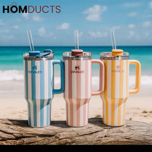 Stanley Quencher Tumbler with Handle – 40oz Striped Travel Mug with Straw & Lid for Iced Coffee, Water & More