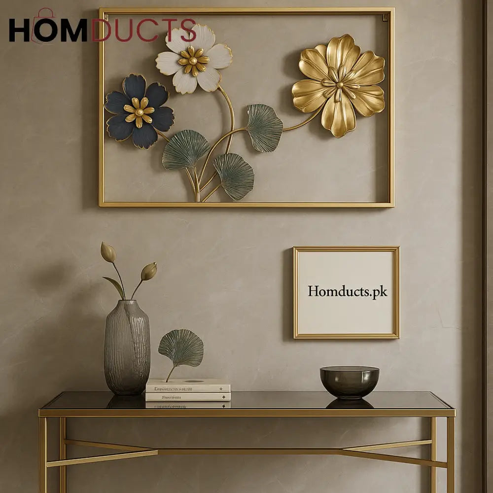 Trio Bloom Luxe Metal Wall Art – Gold Frame Floral Sculpture (23”x15.5”)