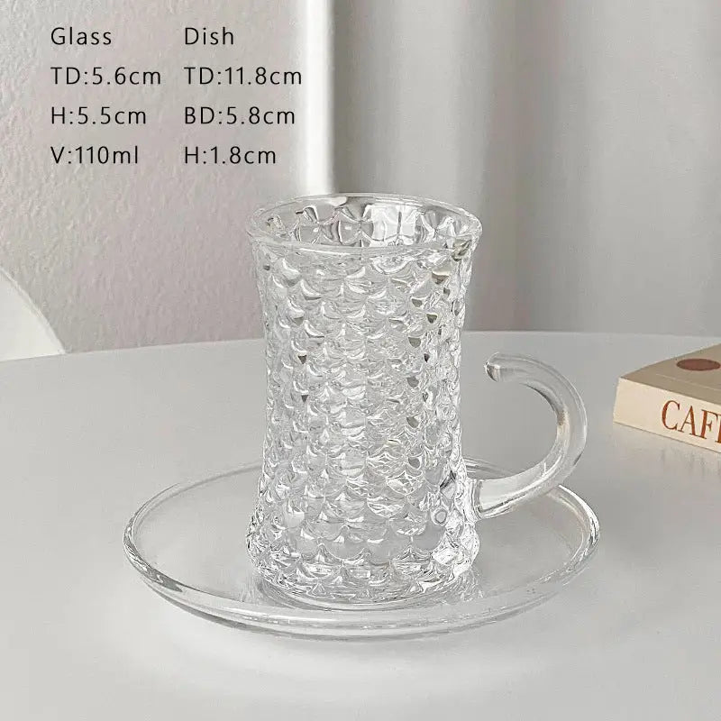 Vintage Clear Glass Tea Cups with Saucers – Elegant Textured Turkish Tea & Espresso Mug Set with Handle (6pcs)