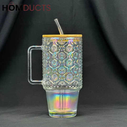 Vintage Embossed Glass Cup (600ml) with Bamboo Lid & Straw