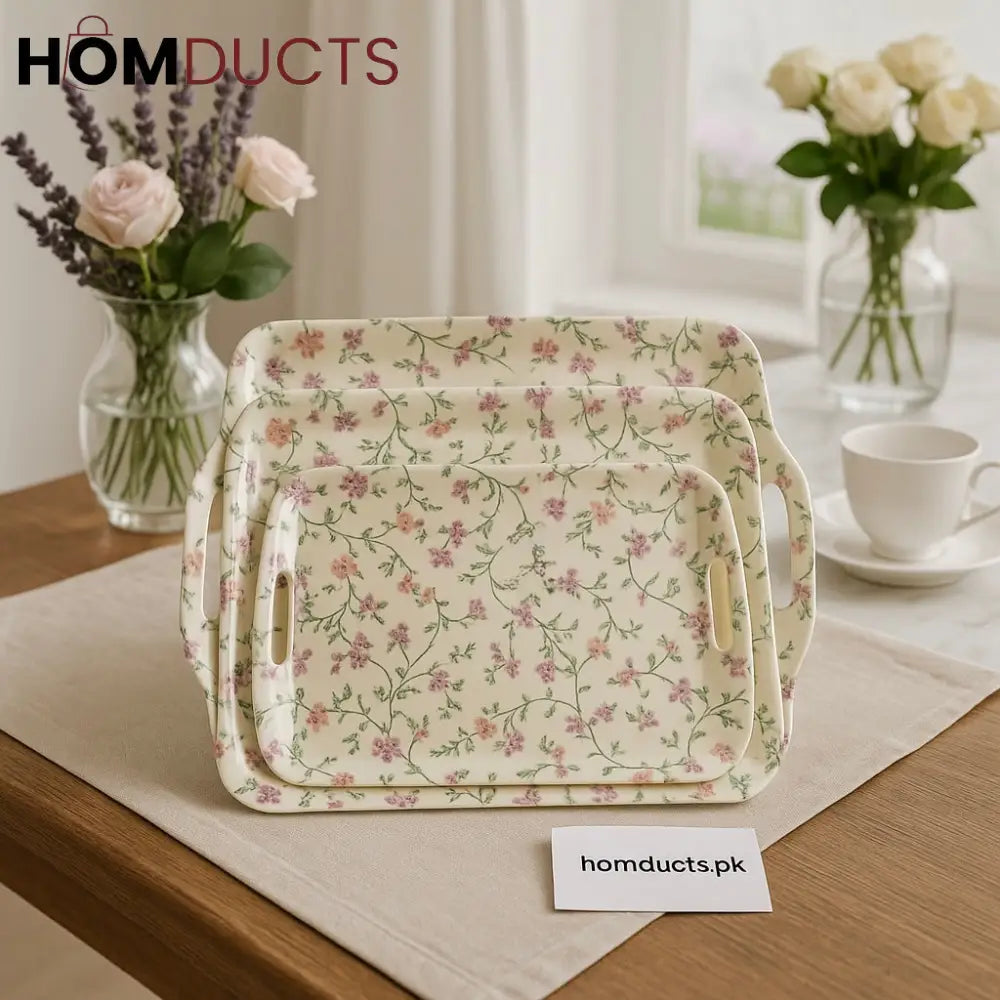 Vintage Floral 4-Piece Rectangular Serving Tray Set – Elegant Handles Design