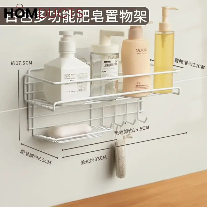 Wall Mounted Shelf With Hooks And Soap Holder
