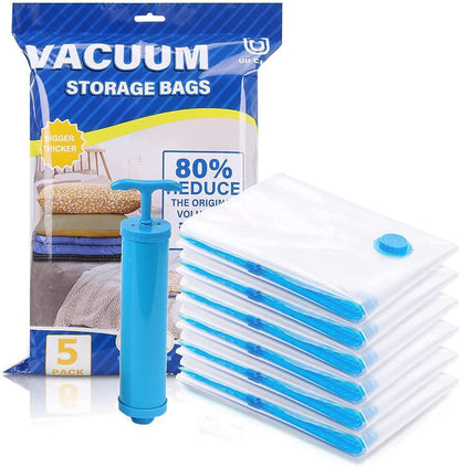 Premium Space Saver Vacuum Storage Bags (Set of 5) with Hand Pump, Double Zip Seal for Clothes, Bedding and Comforters