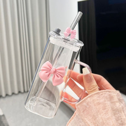Square Glass Tumbler with Double  Bows & Straw – Elegant Drinkware