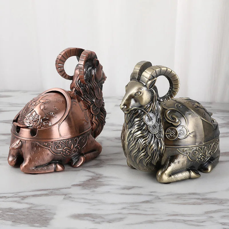 Imperial Bronze Ram Ashtray – Oriental Coin Motif Decorative Sculpture