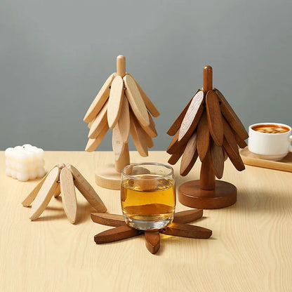Wooden Tree-Shaped Coaster Set – Creative Foldable Heat-Resistant Table Decor Stand