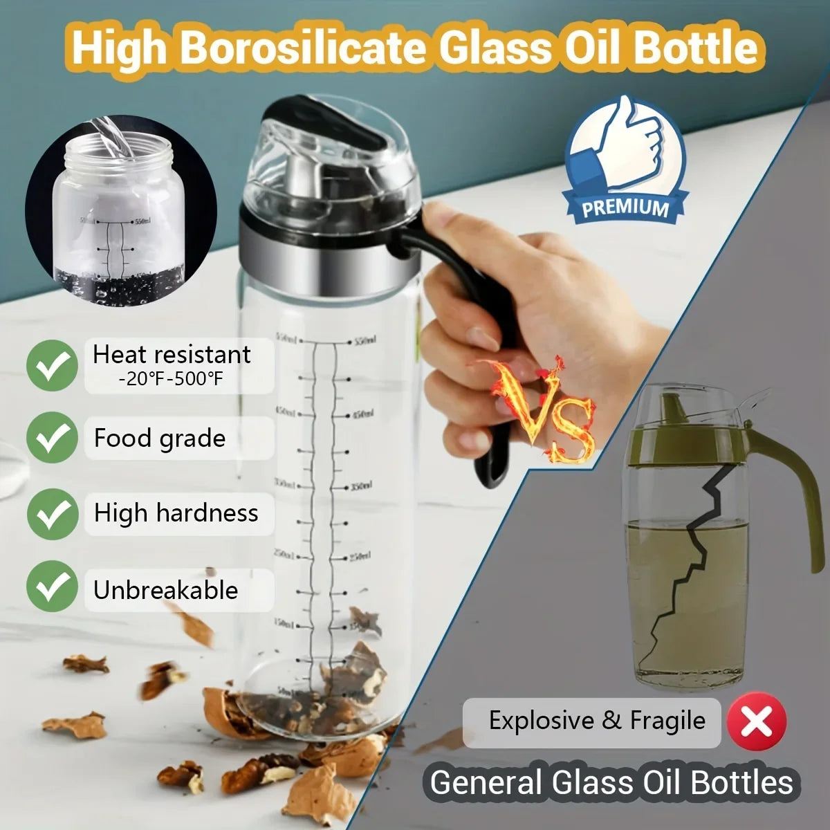 Transparent Oil Dispenser Bottle with Handle – Leakproof Glass Olive Oil & Vinegar Container with Measurement Markings for Kitchen Use