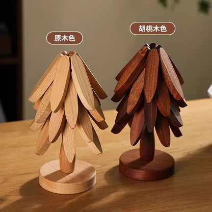 Wooden Tree-Shaped Coaster Set – Creative Foldable Heat-Resistant Table Decor Stand