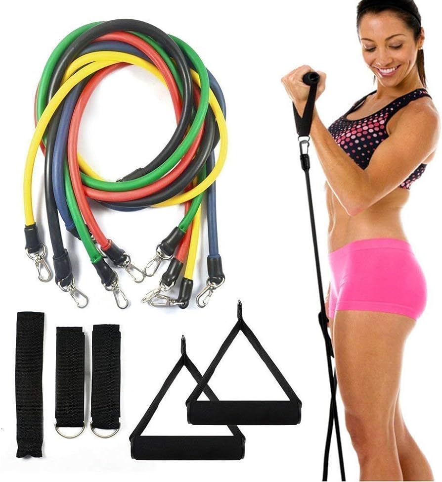 11 Pcs Resistance Band Set Yoga Pilates Abs Exercise Fitness Gym Workout Set With Elastic Tube, Door Anchor, Ankle Straps, And Handles For Weight Loss Or Stretch