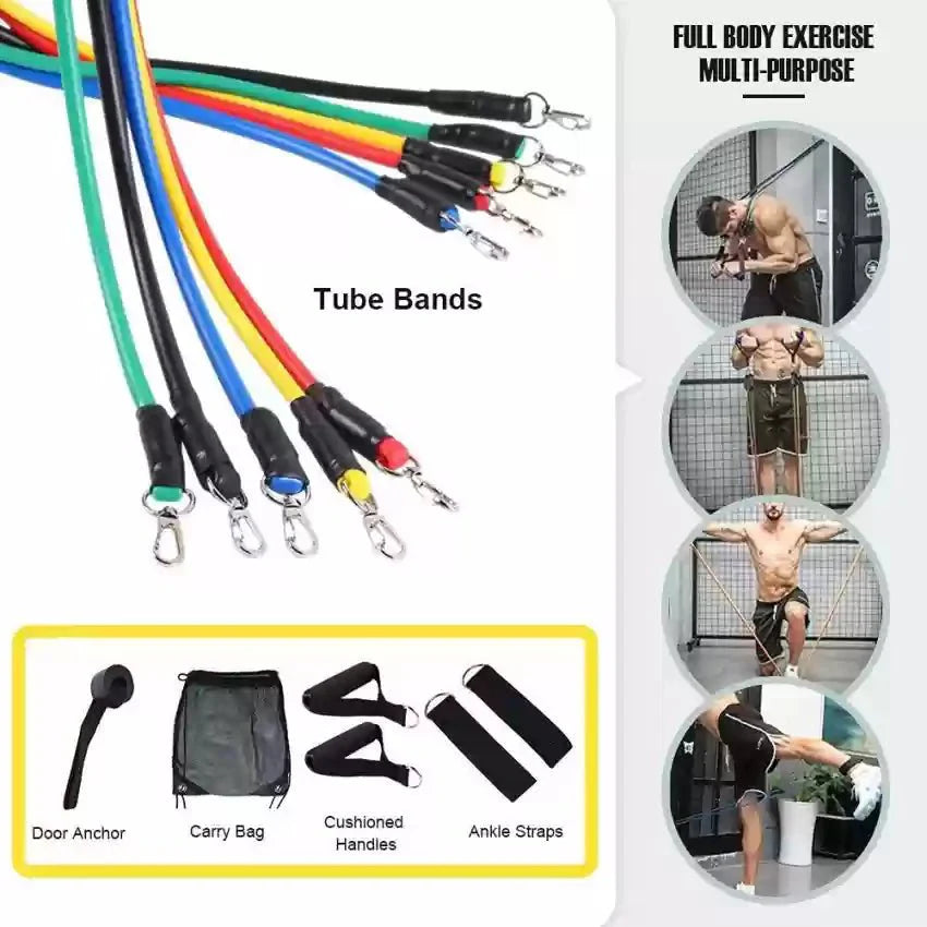 11 Pcs Resistance Band Set Yoga Pilates Abs Exercise Fitness Gym Workout Set With Elastic Tube, Door Anchor, Ankle Straps, And Handles For Weight Loss Or Stretch